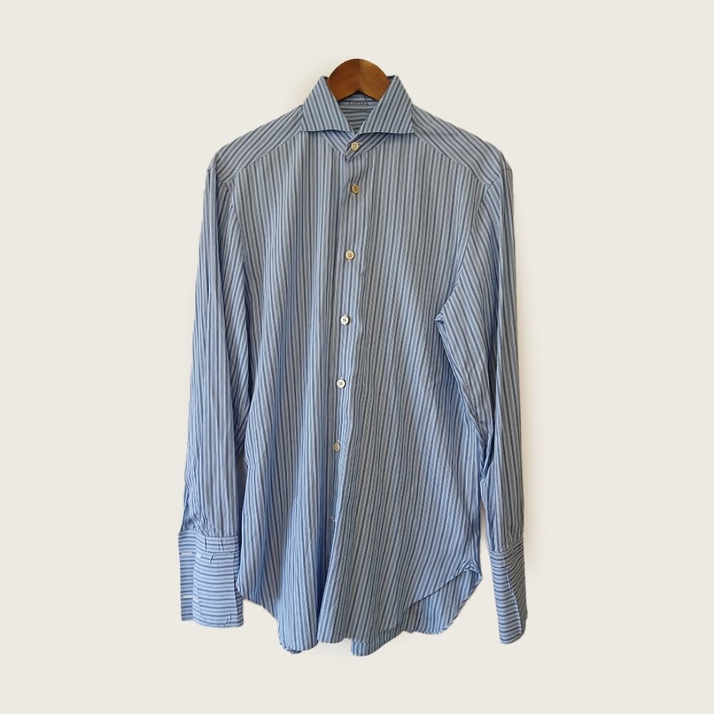 KITON - Striped cotton blue French cuff shirt - Sz 15.5 / 39